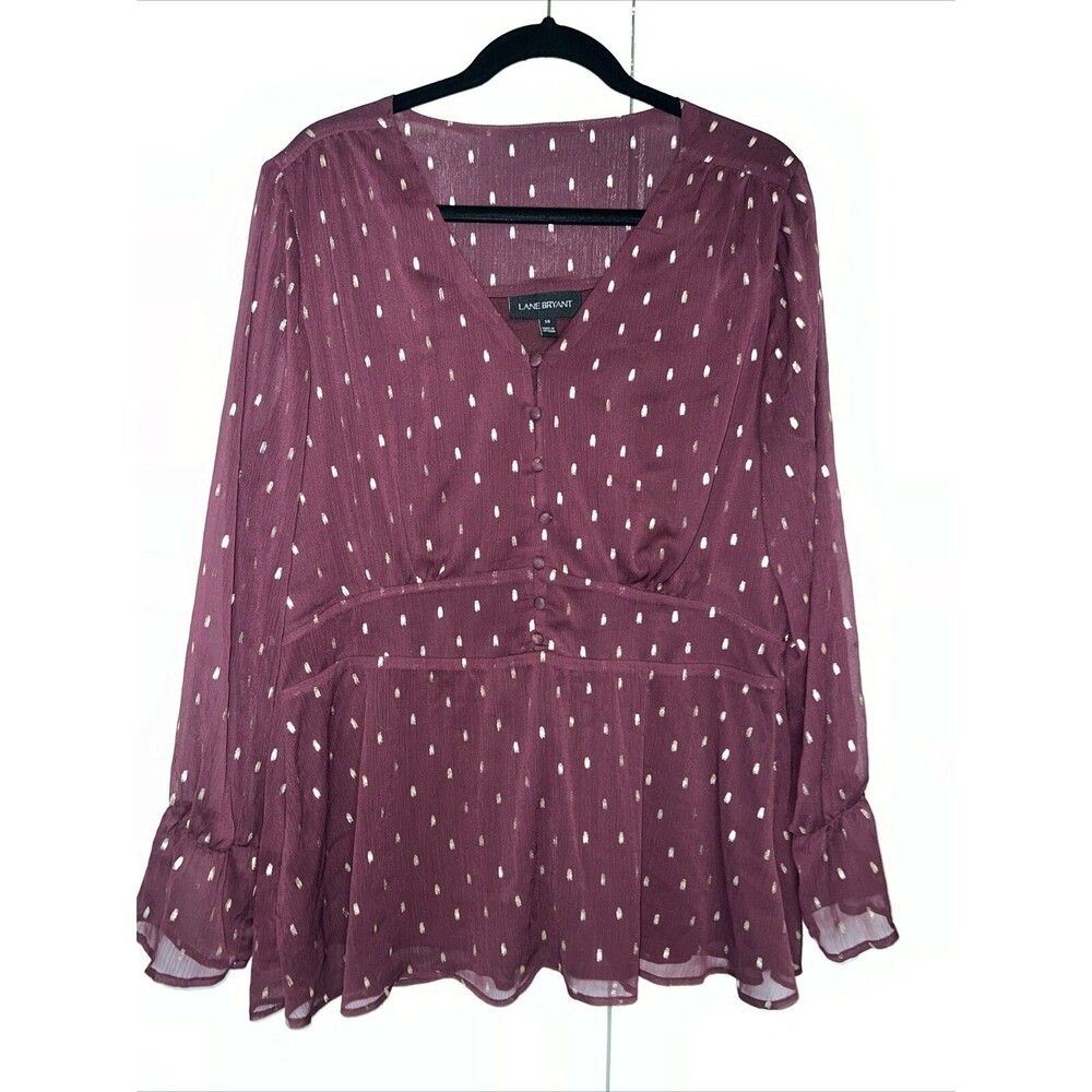 Lane Bryant Women Blouse Sz 14 Button Up Purple Chiffon Long Sleeve Fairy Boho